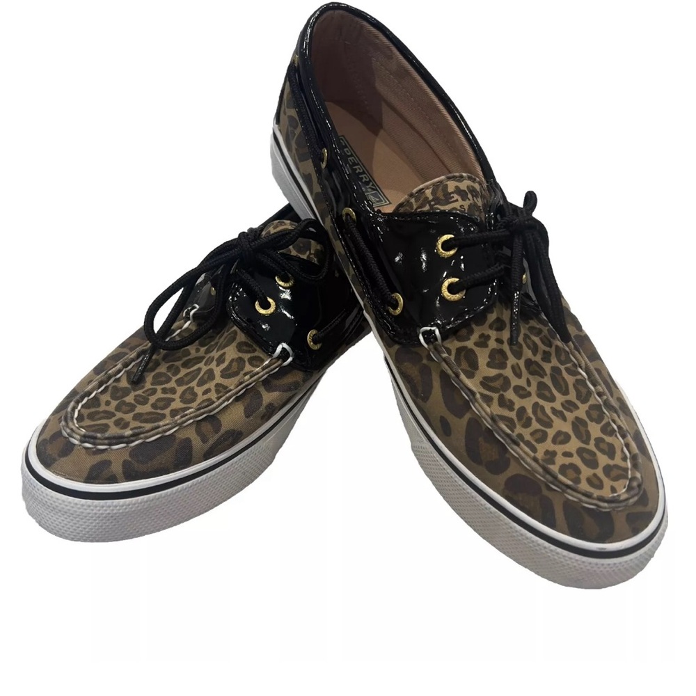 Sperry Top Sider Biscayne Womens Animal Print Black Patent Leather Boat Shoe 9.5